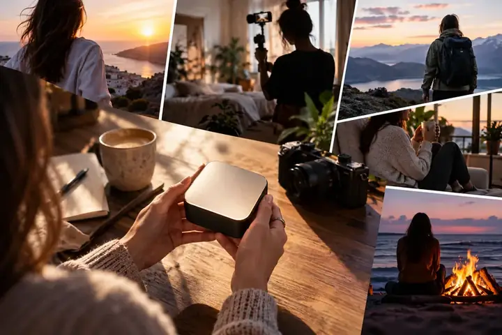Creator presenting a product over colorful lifestyle B-roll footage
